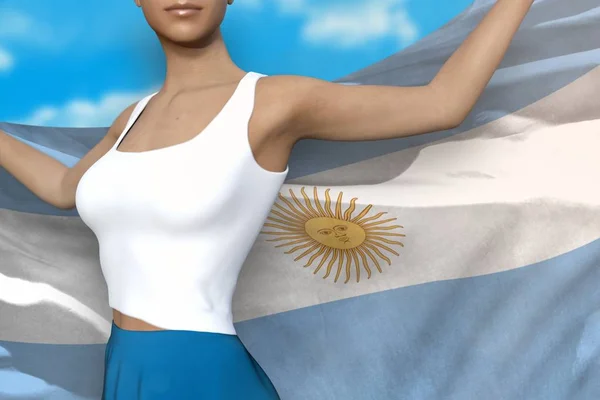 Menina bonita em saia brilhante segura a bandeira da Argentina em mãos atrás de suas costas no fundo do céu nublado - conceito de bandeira ilustração 3d — Fotografia de Stock