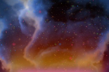 Dinamik fantezi mavi soyut yer ve renkli arka plan ile kıvılcım yıldız ve bulutlar