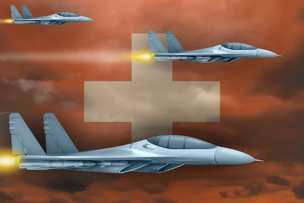 Suiza concepto de ataque de las fuerzas aéreas. Aviones aéreos atacan el fondo de la bandera Suiza. Ilustración 3d — Foto de Stock