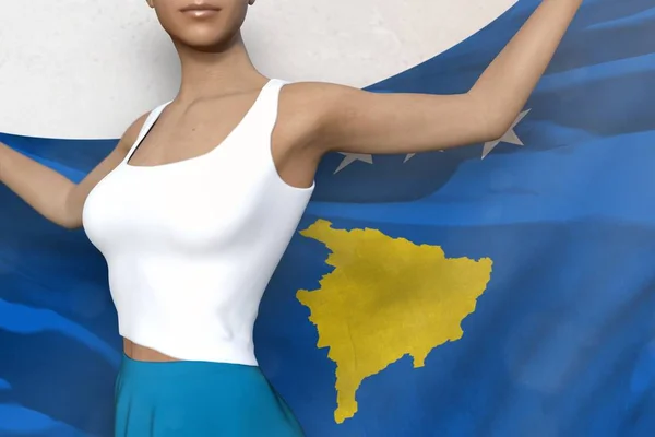 Jovem mulher em saia brilhante segura bandeira Kosovo em mãos atrás de suas costas no fundo branco - conceito de bandeira ilustração 3d — Fotografia de Stock