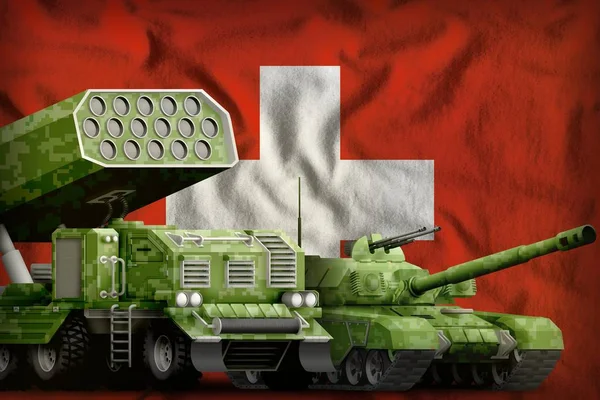 Switzerland heavy military armored vehicles concept on the national flag background. 3d Illustration