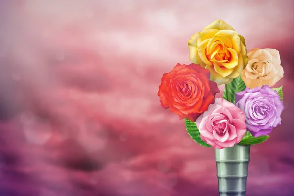 Beautiful live rose bouquet bouquet in modern metal vase with blank place for your text on left on colored sky with clouds background.