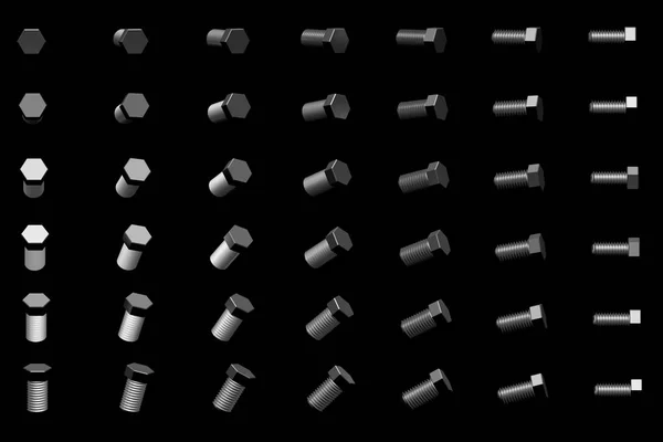 Mnoho šedé, kovové clinchers otočený o různých úhlů izolované na černém - roztomilý průmyslové 3d ilustrace, pic pro jakékoliv použití — Stock fotografie
