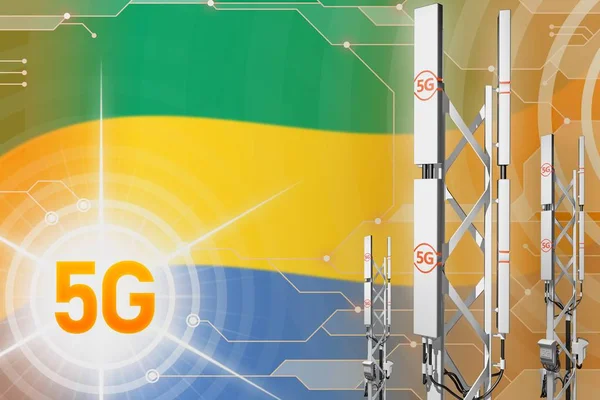 Gabon 5G industrial illustration, large cellular network mast or tower on digital background with the flag - 3D Illustration — Stock Photo, Image