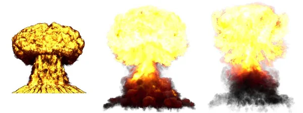 Ilustração 3D da explosão - 3 grandes fases altamente detalhadas explosão de nuvem de cogumelo diferente da bomba de fusão com fumaça e fogo isolado no branco — Fotografia de Stock