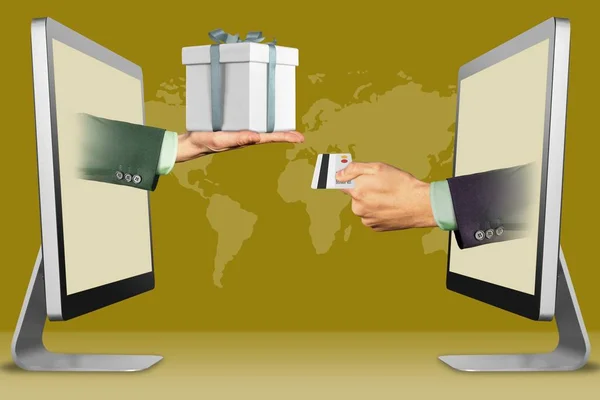Web concept, twee handen van monitoren. met de doos van de gift en hand met credit card. 3D illustratie — Stockfoto