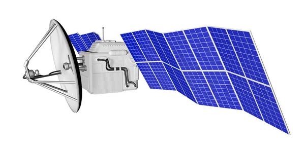 Промышленная иллюстрация космического спутника с большими солнечными батареями, изолированными на белом - 3D Иллюстрация — стоковое фото