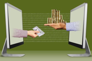 e-ticaret kavramı, iki bilgisayarlardan eller. nakit para ve para ile ver. 3D çizim