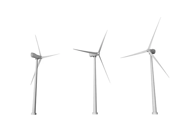 3 větrné mlýny s různými rotace úhly pohledu zdola izolovaných na bílém pozadí - větrná energie průmyslové ilustrace, 3d obrázek — Stock fotografie