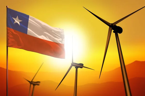 Chile větrné energie, alternativní zdroje energie prostředí koncepce s větrné turbíny a vlajky na západ průmyslových ilustrace - obnovitelné zdroje alternativní energie, 3d obrázek — Stock fotografie