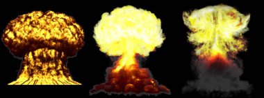 Açılım - 3D çizimi 3 büyük yüksek Detaylı farklı aşamalarında bulut patlama atom bombası dumanlı, mantar ve izole üzerinde siyah yangın