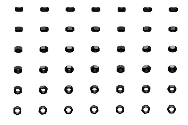 Viele schwarze Schraubmuttern, die aus verschiedenen Winkeln gedreht wurden, isoliert auf weiß - schöne industrielle 3D-Illustration, Bild für Designer — Stockfoto