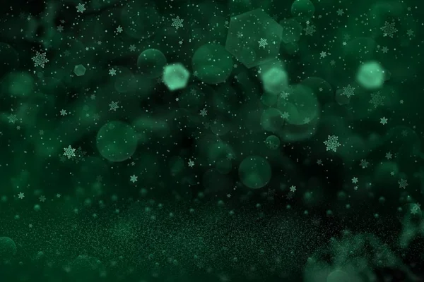 Teal, havet-gröna vackra glänsande glitter ljus oskarp bokeh abstrakt bakgrund och fallande snö flingor flyga, festal mockup textur med tomt utrymme för ditt innehåll — Stockfoto