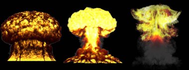 Açılım - 3D çizimi 3 büyük yüksek Detaylı farklı aşamalarında bulut patlama atom bombası dumanlı, mantar ve izole üzerinde siyah yangın