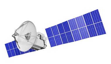 Kozmik uydu sanayi şekil - uzay gemisi büyük güneş panelleri ile açık beyaz arka plan üzerinde - 3d illüstrasyon izole