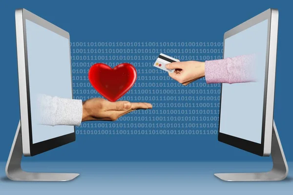 Conceito de computador, duas mãos de laptops. coração e mão com cartão de crédito. ilustração 3d — Fotografia de Stock