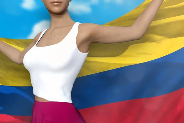 Bonita dama en falda brillante sostiene la bandera de Colombia en las manos detrás de su espalda en el fondo nublado del cielo - concepto de la bandera 3d ilustración — Foto de Stock