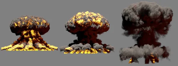 爆発の3d イラスト-3 巨大な異なるフェーズは、灰色の背景に孤立した煙と炎とスーパー爆弾の火災キノコ雲の爆発 — ストック写真