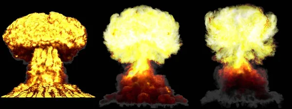 3D ilustrace exploze-3 velké velmi vysoké detailní fáze, exploze shluku vodíkové bomby s kouřovým a ohněm izolovaným na černém — Stock fotografie