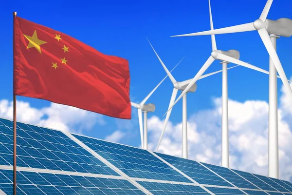 China solar and wind energy, renewable energy concept with solar panels - renewable energy against global warming - industrial illustration, 3D illustration