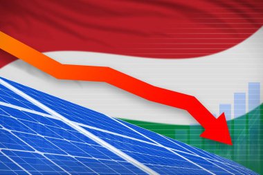 Macaristan güneş enerjisi gücü düşürme grafiği, aşağı ok-modern doğal enerji endüstriyel illüstrasyon. 3D Illustration