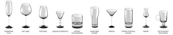 Illustrazione 3D di una grande collezione di bicchieri diversi per bevande alcoliche e cocktail isolati su una vista laterale bianca - resa del bicchiere da bere — Foto Stock