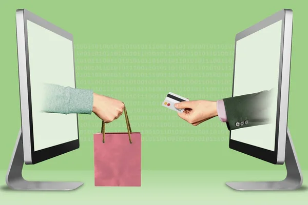 Počítačový koncept, dvě ruce od monitorů. ruku s nákupním sáčkem a rukou kreditní kartou. 3D ilustrace — Stock fotografie