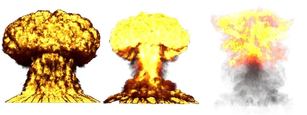 3D illustratie van explosie-3 grote hoge gedetailleerde verschillende fasen paddestoel wolk explosie van nucleaire bom met rook en vuur geïsoleerd op wit — Stockfoto