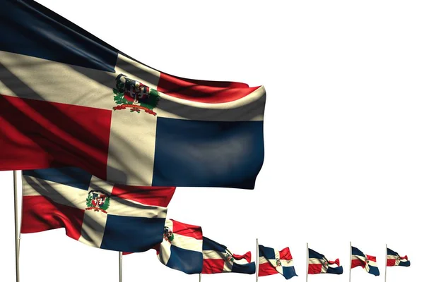 Bastantes banderas de República Dominicana colocadas diagonal aislado en blanco con espacio para el contenido - cualquier celebración bandera 3d ilustración —  Fotos de Stock