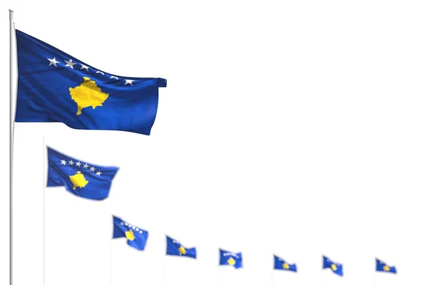 Maravilloso Kosovo banderas aisladas colocadas diagonal, foto con bokeh y espacio para el contenido - cualquier celebración bandera 3d ilustración — Foto de Stock