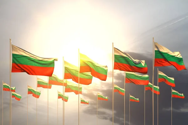 nice many Bulgaria flags in a row on sunset with free space for your content - any celebration flag 3d illustration