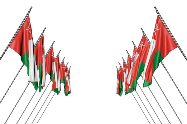 Meraviglioso molte bandiere Oman appende in pali angolari da sinistra e destra isolati su bianco - qualsiasi bandiera festa 3d illustrazione — Foto Stock