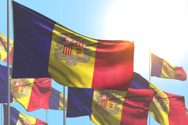 Nice vele vlaggen van Andorra zijn golf op blauwe hemel achtergrond-om het even welke vakantie vlag 3D illustratie — Stockfoto