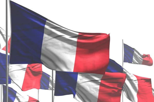 Beautiful many France flags are wave isolated on white - any feast flag 3d illustration — Stock Photo, Image