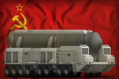 Sovyetler Birliği (sssr, SSCB) Ulusal bayrağı arka planda kıtalararası balistik füze. 9 Mayıs, zafer günü konsepti. 3D Illustration