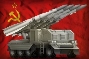 Sovyet Birliği (sssr, SSCB) Ulusal bayrağı arka planda taktik kısa menzilli balistik füze. 9 Mayıs, zafer günü konsepti. 3D Illustration