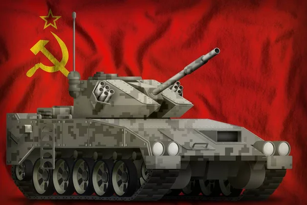 Lichte tank APC met de camouflage van de pixel stad op de Sowjetunie (SSSR, de USSR) nationale vlag achtergrond. 9 mei, het concept van de dag van de overwinning. 3D illustratie — Stockfoto