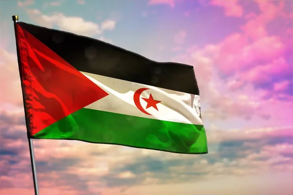 Fladdrande Västsahara flagga på färgglada molnigt himmel bakgrund. Välstånd koncept. — Stockfoto