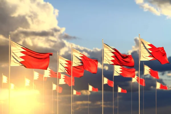 nice many Bahrain flags on sunset placed in row with selective focus and place for content - any occasion flag 3d illustration