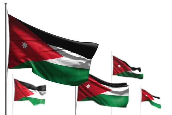 Cute five flags of Jordan are wave isolated on white - illustration with selective focus - any holiday flag 3d illustration — Stock Photo, Image