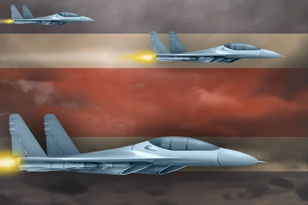 Οι εναέριες δυνάμεις της Κόστα Ρίκα χτυπούν την ιδέα. Εναέρια αεροπλάνα επιτίθενται στην Κόστα Ρίκα φόντο σημαία. Εικονογράφηση 3D — Φωτογραφία Αρχείου