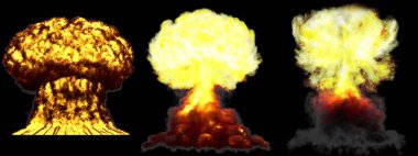 Patlama 3d illüstrasyon - 3 büyük çok detaylı farklı aşamaları siyah izole duman ve yangın ile atom bombası mantar bulut patlama