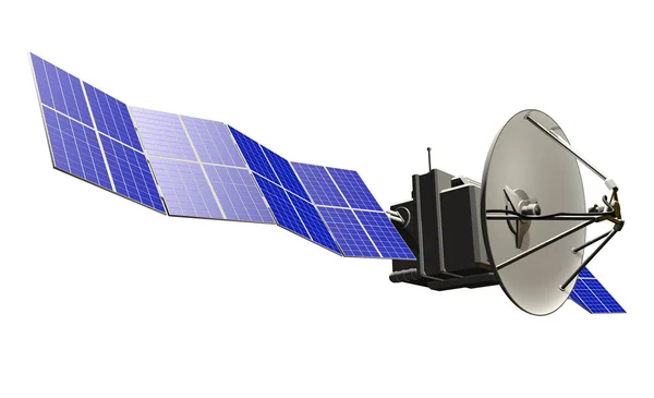 Βιομηχανική απεικόνιση του διαστημικού δορυφόρου με μεγάλη ηλιόλουστη πάνελ που απομονώνονται σε λευκό - 3d απεικόνιση — Φωτογραφία Αρχείου