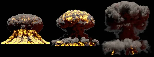 Illustrazione 3D di esplosione - 3 grandi fasi diverse esplosione di nube di fungo da fuoco di bomba atomica con fumo e fiamma isolata su sfondo nero — Foto Stock