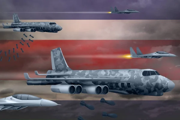 Kostarika, koncept bombardovacích úderových sil. Costa Ricská vojenská letadla vrjí bomby na pozadí vlajky. 3D ilustrace — Stock fotografie