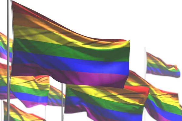 Хороший много гей-прайд флаги волны изолированы на белом - иллюстрация с bokeh - любой случай флаг 3d иллюстрации — стоковое фото