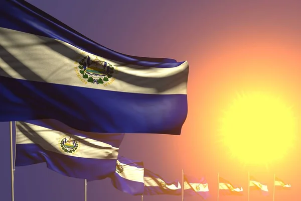 Bonito muitas bandeiras El Salvador colocado diagonal no pôr do sol com lugar para o seu conteúdo - qualquer bandeira de férias ilustração 3d — Fotografia de Stock