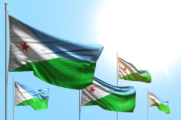 Cibuti güzel 5 bayraklar mavi gökyüzü arka plan üzerinde sallayarak - herhangi bir vesileyle bayrak 3d illüstrasyon — Stok fotoğraf