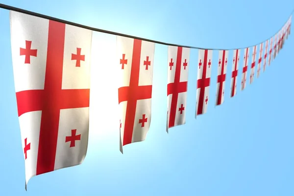 Agradável muitas bandeiras da Geórgia ou bandeiras penduradas diagonal na corda no fundo do céu azul com bokeh - qualquer bandeira de férias ilustração 3d — Fotografia de Stock