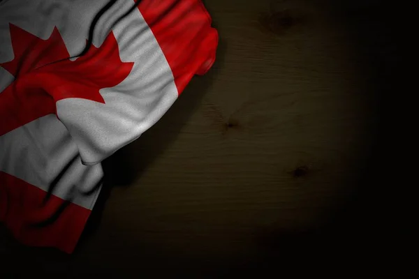 Schönes dunkles Bild der kanadischen Flagge mit großen Falten auf dunklem Holz mit leerem Platz für den Inhalt - jede Festfahne 3D-Illustration — Stockfoto